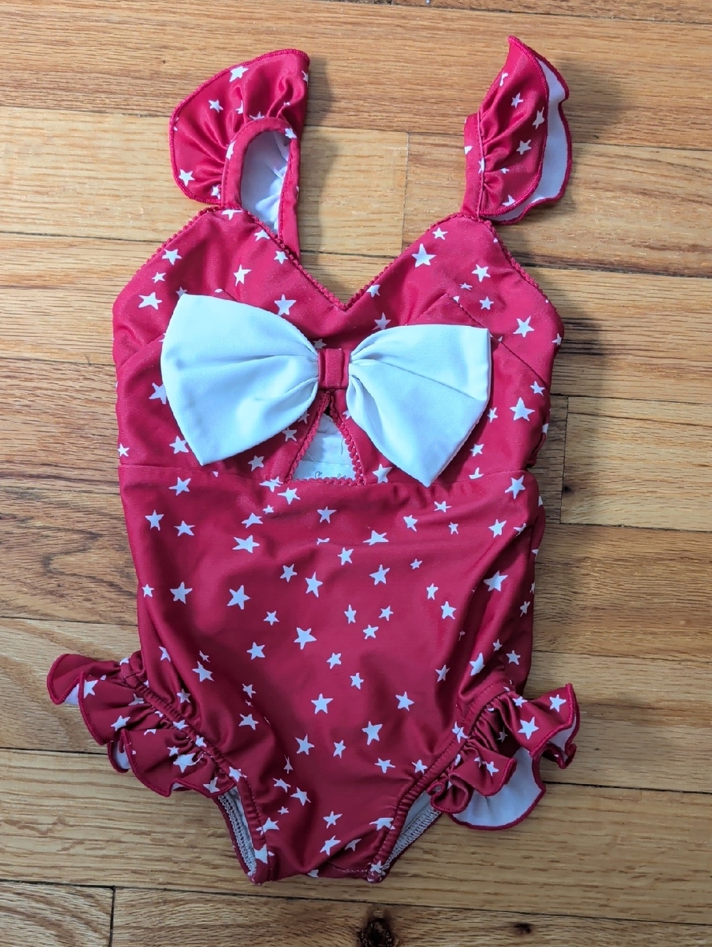 SweetHoney Red Star Print Girls Retro One-Piece Swimsuit with White Bow